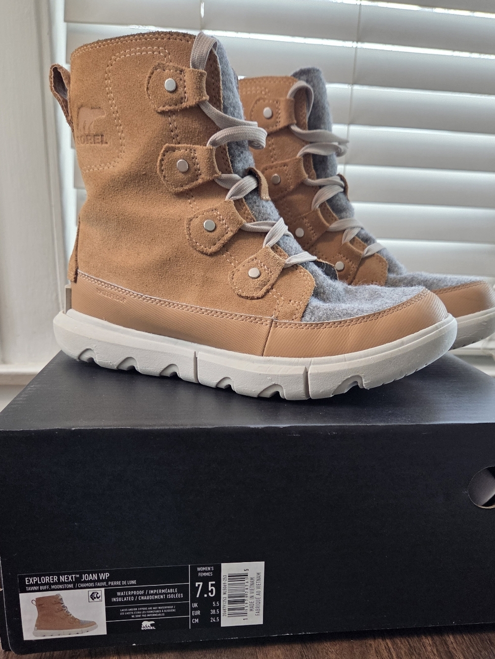 SOREL Explorer Next Joan WP Suede Boot - Tan & Gray Size 7.5